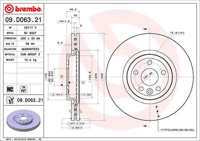 Тормозной диск BREMBO 09.D063.21 для JAGUAR F-PACE