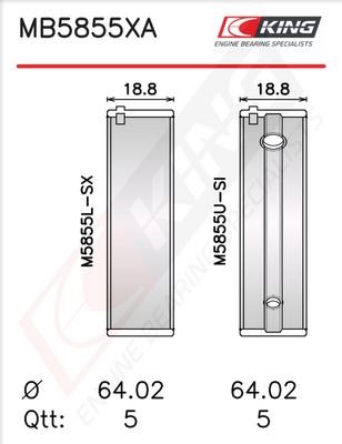 Комплект черупки на лагера на коляновия вал KING MB5855XA0.25