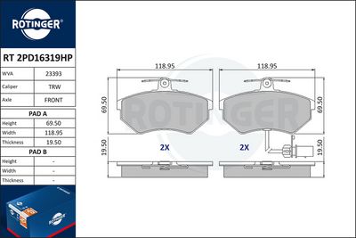 комплект спирачно феродо, дискови спирачки ROTINGER RT 2PD16319HP