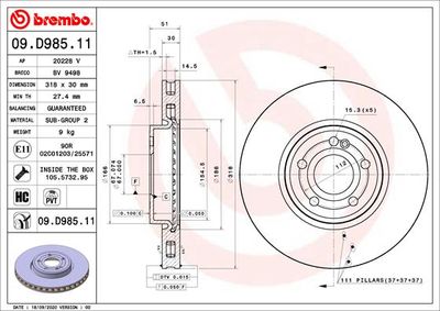 Тормозной диск BREMBO 09.D985.11 для MERCEDES-BENZ GLB