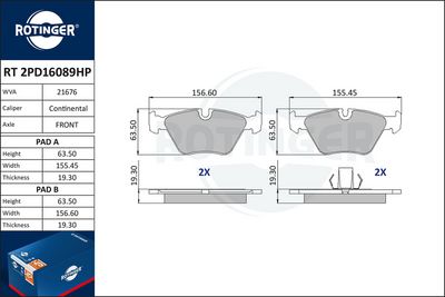 комплект спирачно феродо, дискови спирачки ROTINGER RT 2PD16089HP
