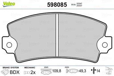 Комплект тормозных колодок, дисковый тормоз VALEO 598085 для RENAULT 5