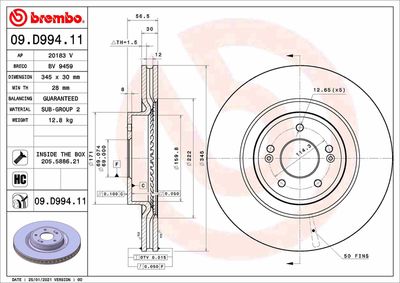 Тормозной диск BREMBO 09.D994.11 для KIA STINGER