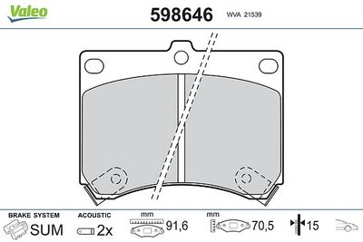 комплект спирачно феродо, дискови спирачки VALEO 598646