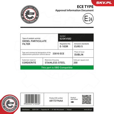 Filtr sazových částic, výfukový systém ESEN SKV 62SKV582