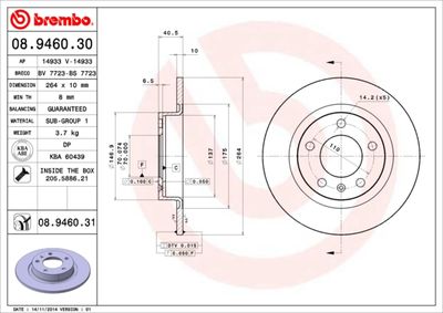 Тормозной диск BREMBO 08.9460.31 для OPEL ADAM