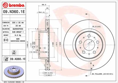 Тормозной диск BREMBO 09.N360.1E для TESLA MODEL 3