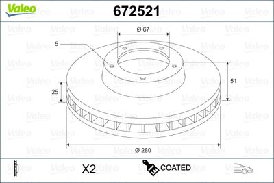 Тормозной диск VALEO 672521 для MERCEDES-BENZ CLA
