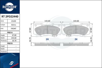 Zestaw klocków hamulcowych, hamulce tarczowe ROTINGER RT 2PD22440