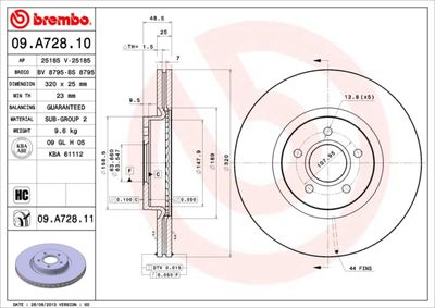 BREMBO 09.A728.10 Тормозные диски  для VOLVO V40 (Вольво В40)