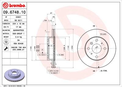 Тормозной диск BREMBO 09.6748.10 для DAIHATSU APPLAUSE