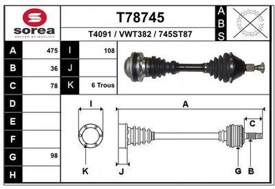 EAI T78745 Полуось в сборе для VW POLO V (6R1, 6C1) 2.0 R WRC