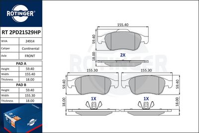 комплект спирачно феродо, дискови спирачки ROTINGER RT 2PD21529HP