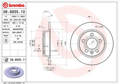 Тормозной диск BREMBO 08.6935.11 для SEAT ALHAMBRA