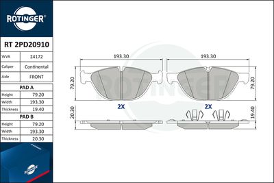 комплект спирачно феродо, дискови спирачки ROTINGER RT 2PD20910