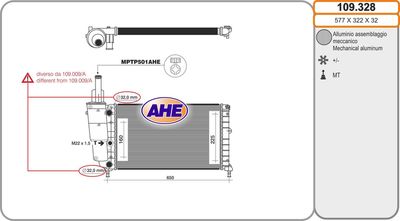 Радиатор, охлаждение двигателя AHE 109.328 для LANCIA Y