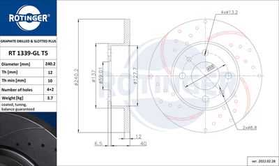 Тормозной диск ROTINGER RT 1339-GL T5 для FIAT DUNA