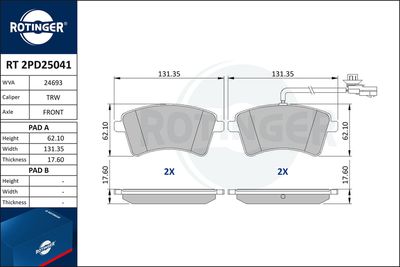 Zestaw klocków hamulcowych, hamulce tarczowe ROTINGER RT 2PD25041