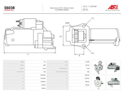Startmotor AS-PL S6038 för PEUGEOT