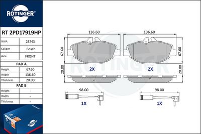 комплект спирачно феродо, дискови спирачки ROTINGER RT 2PD17919HP