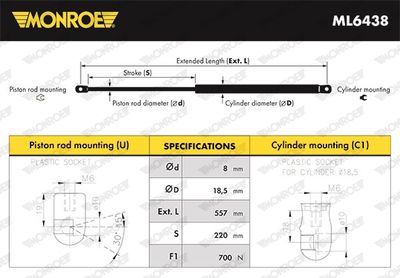 Газовая пружина, крышка багажник MONROE ML6438 для HYUNDAI ix55