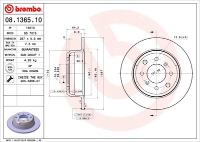 Тормозной диск BREMBO 08.1365.10 для ALFA ROMEO 1750-2000