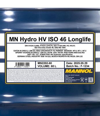 Hydraulolja HV ISO 46 Longlife 60 Liter MANNOL MN2202-60