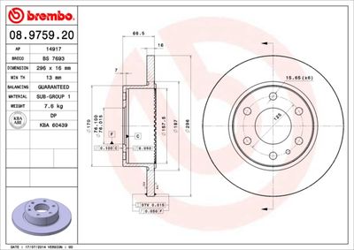 Тормозной диск BREMBO 08.9759.20 для IVECO DAILY