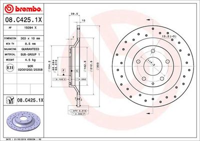 Тормозной диск BREMBO 08.C425.1X для MAZDA CX-30