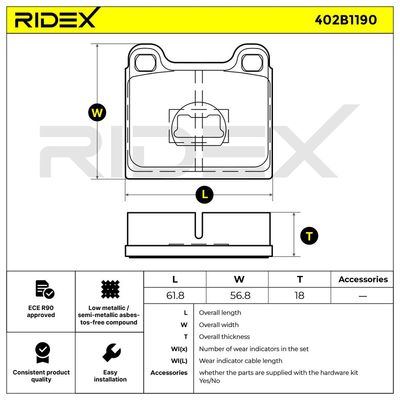 комплект спирачно феродо, дискови спирачки RIDEX 402B1190