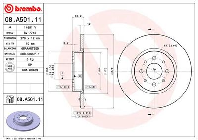 BREMBO 08.A501.11 Тормозные диски  для LANCIA DELTA (Лансиа Делта)