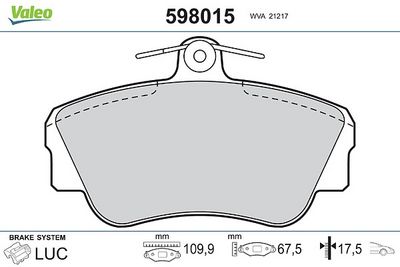 комплект спирачно феродо, дискови спирачки VALEO 598015