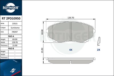 комплект спирачно феродо, дискови спирачки ROTINGER RT 2PD10950