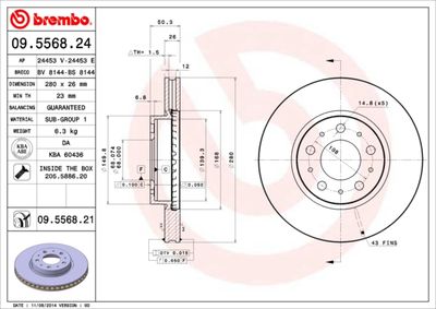 Тормозной диск BREMBO 09.5568.21 для VOLVO C70