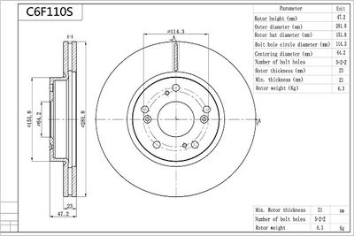 Тормозной диск AISIN C6F110S для BYD F6