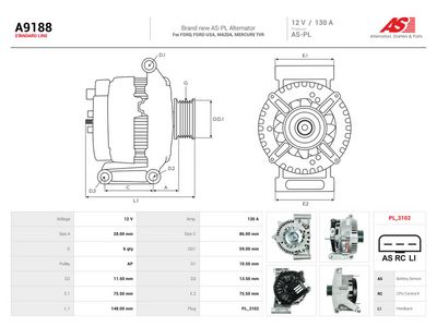 Generator AS-PL A9188 för FORD, MAZDA