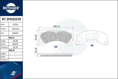 комплект спирачно феродо, дискови спирачки ROTINGER RT 2PD32170