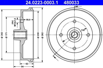 Тормозной барабан ATE 24.0223-0003.1 для VW KARMANN