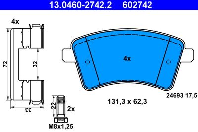 Комплект тормозных колодок, дисковый тормоз ATE 13.0460-2742.2 для MERCEDES-BENZ CITAN