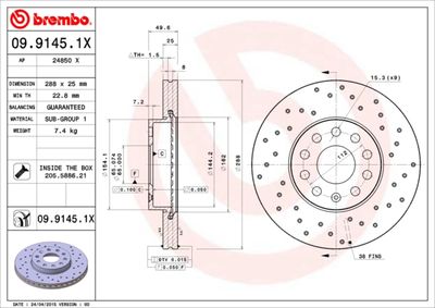 Тормозной диск BREMBO 09.9145.1X для VW TAOS