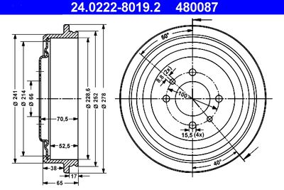 Тормозной барабан ATE 24.0222-8019.2 для RENAULT MEGANE