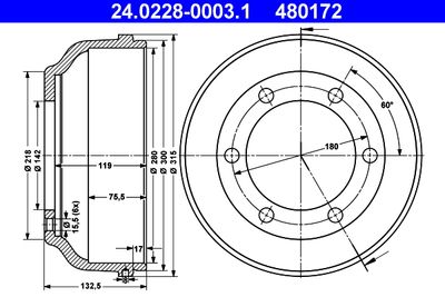 Тормозной барабан ATE 24.0228-0003.1 для FORD TRANSIT