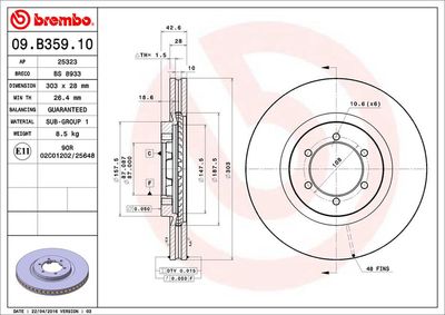 Тормозной диск BREMBO 09.B359.10 для HYUNDAI TERRACAN