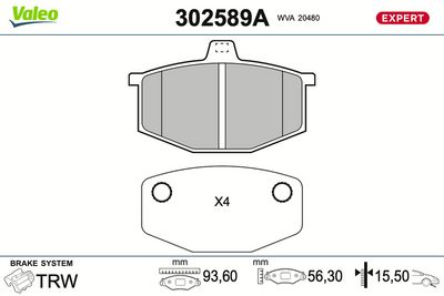 комплект спирачно феродо, дискови спирачки VALEO 302589A