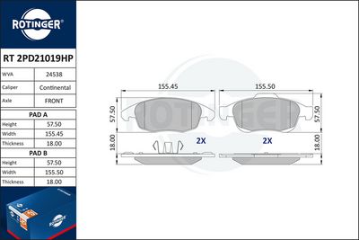 комплект спирачно феродо, дискови спирачки ROTINGER RT 2PD21019HP