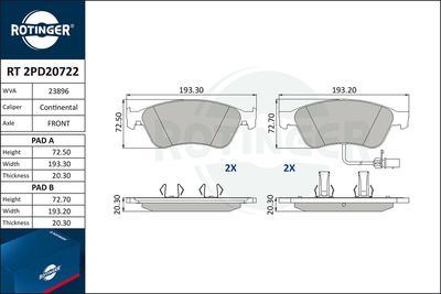комплект спирачно феродо, дискови спирачки ROTINGER RT 2PD20722