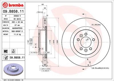 Тормозной диск BREMBO 09.B858.11 для LAND ROVER DISCOVERY