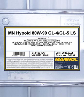 Växellådsolja MANNOL Hypoid 80W-90 GL-4/GL-5 LS 1000L MN8106-IBC