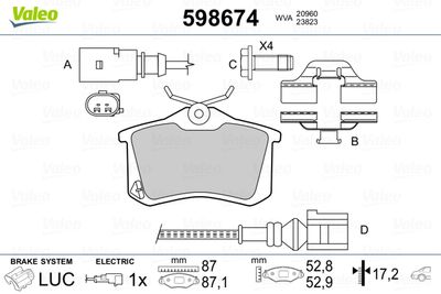 Комплект тормозных колодок, дисковый тормоз VALEO 598674 для SEAT ALTEA