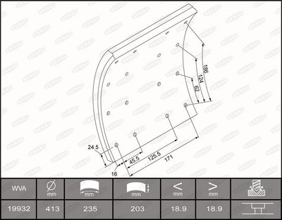 Brake shoe lining Achter/Voor (413x203. basis) past: SCANIA 3, 4, G I, G II, L, P I, P II, R I, R II, S, T 01.88-